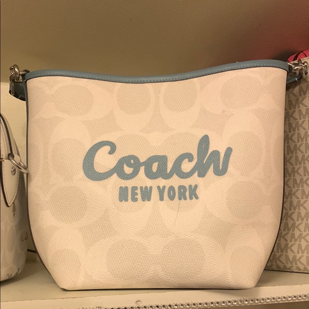 Coach Cream Shoulder Bag with Light Blue Logo Trim